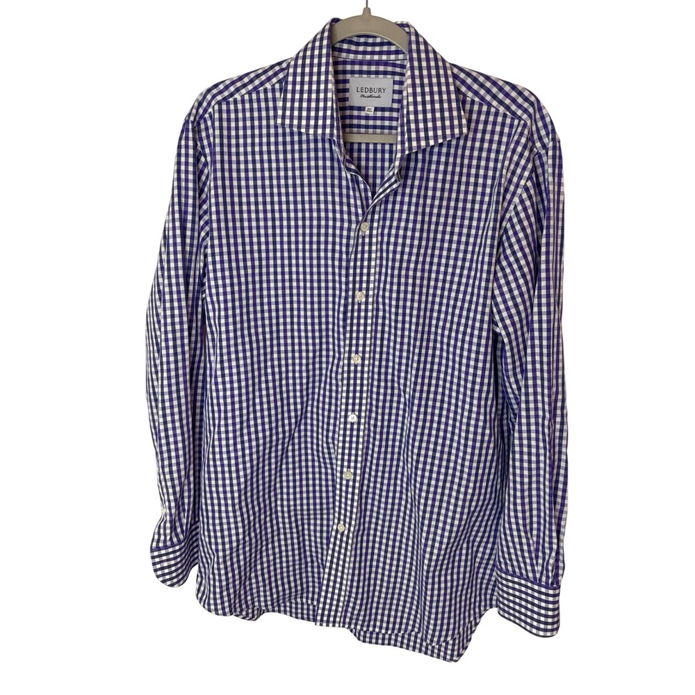Ledbury Mens Purple White Gingham Check Long Sleeve Dress Shirt 16.5‎ 42cm